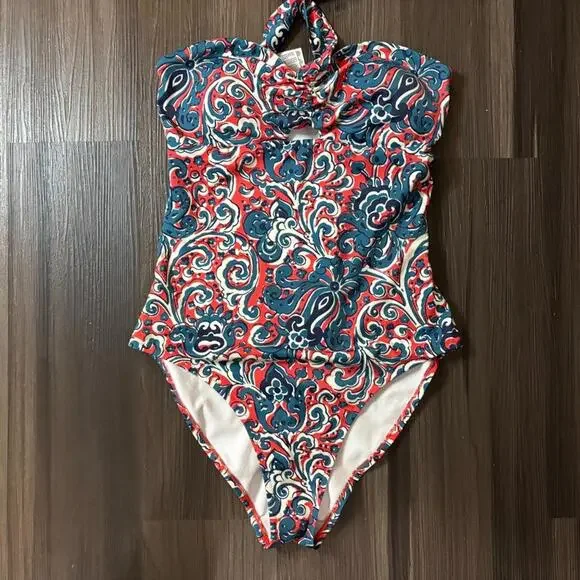 Boden Red Scarf Bandeau One Piece Swimsuit Women's Size 6 Halter Top - Picture 3 of 9